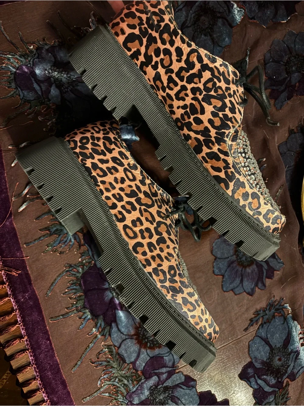 Dolls Kill Leopard Print Rhinestone Lace-Up Platforms - Tan/Black
